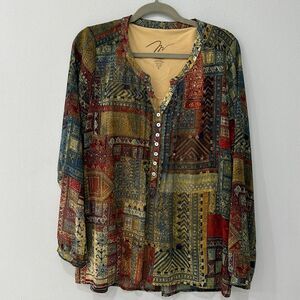 Miraclebody By Miraclesuit  Patchwork Boho Long Sleeve V-Neck Tunic Sz M